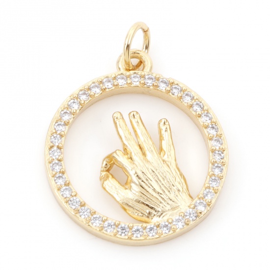 Picture of Brass Charms 18K Real Gold Plated OK Hand Sign Gesture Micro Pave Clear Cubic Zirconia 24mm x 18mm, 1 Piece