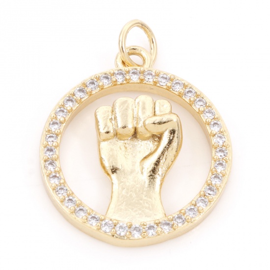 Picture of Brass Charms 18K Real Gold Plated Fist Power Hand Sign Gesture Micro Pave Clear Cubic Zirconia 24mm x 18mm, 1 Piece