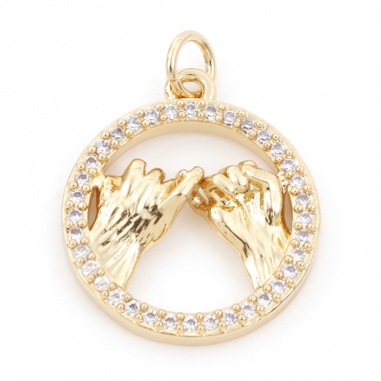 Picture of Brass Charms 18K Real Gold Plated Pull hook Hand Sign Gesture Micro Pave Clear Cubic Zirconia 24mm x 18mm, 1 Piece