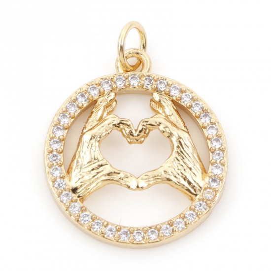 Picture of Brass Charms 18K Real Gold Plated Love Hand Sign Gesture Micro Pave Clear Cubic Zirconia 24mm x 18mm, 1 Piece