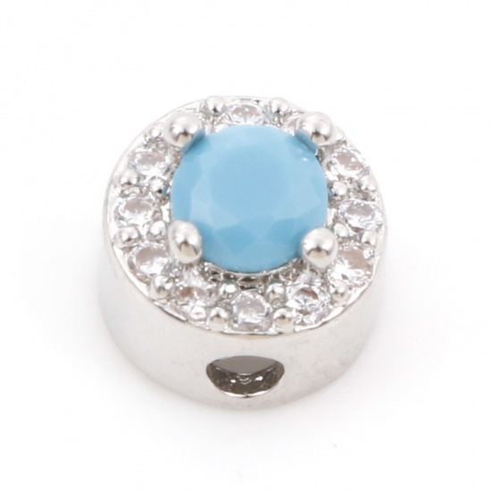 Image de Perles pour DIY Fabrication de Bijoux de Charme en Laiton & Zirconia Cubique Plaqué Platine Bleu Plat-Rond Micro Pave à Zircone Cubique Clair Env. 7mm Dia., Trou: Env. 1.6mm, 1 Pièce                                                                        