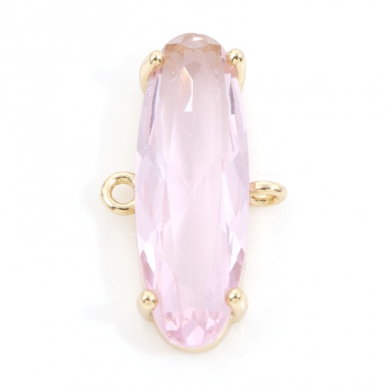 Picture of Brass Connectors Charms Pendants Oval 18K Real Gold Plated Pink Cubic Zirconia 21mm x 11.5mm, 1 Piece