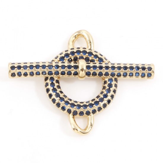 Picture of Brass Connectors Charms Pendants Strip Circle Ring 18K Real Gold Plated Micro Pave Deep Blue Cubic Zirconia 3cm x 2.3cm, 1 Piece