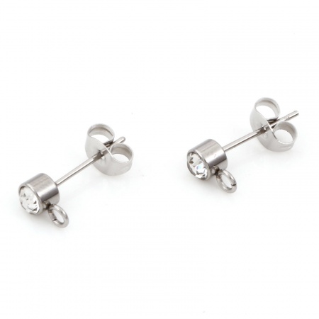 Eco-friendly 304 Stainless Steel Ear Post Stud Earrings Round Silver Tone With Loop 7mm x 4mm, Post/ Wire Size: (21 gauge), 10 PCs
