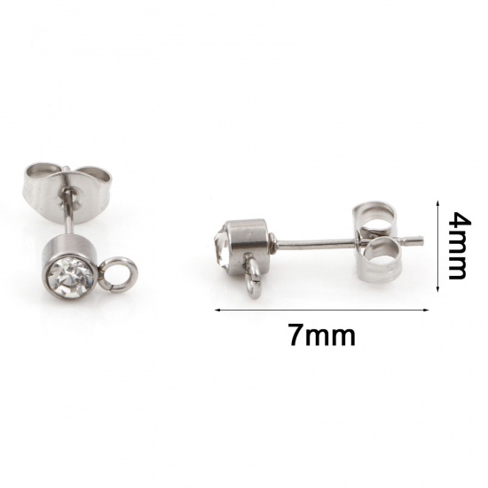 Picture of Eco-friendly 304 Stainless Steel Ear Post Stud Earrings Round Silver Tone With Loop 7mm x 4mm, Post/ Wire Size: (21 gauge), 10 PCs