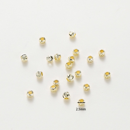 Picture of Brass Spacer Beads For DIY Bracelet Jewelry Making Findings 14K Gold Color Round Engraving About 3mm Dia., Hole: Approx 1.5mm, 20 PCs                                                                                                                         