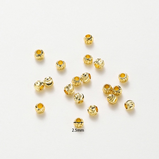 Picture of Brass Spacer Beads For DIY Bracelet Jewelry Making Findings 18K Gold Color Round Engraving About 3mm Dia., Hole: Approx 1.5mm, 20 PCs                                                                                                                         