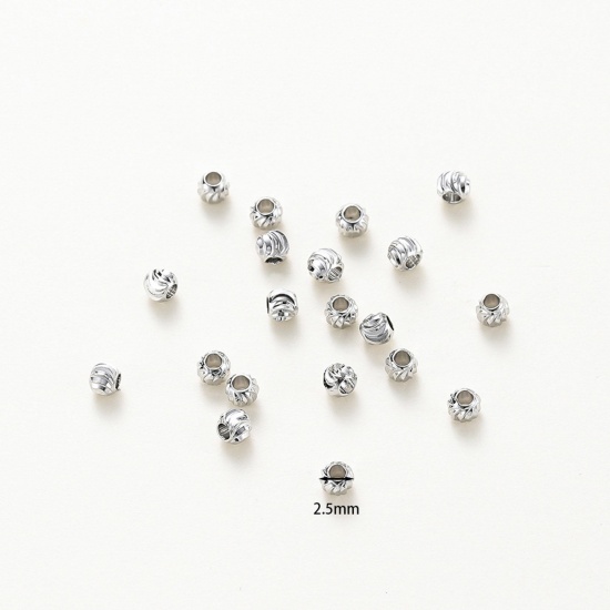 Picture of Brass Spacer Beads For DIY Bracelet Jewelry Making Findings Real Platinum Plated Round Engraving About 3mm Dia, Hole: Approx 1.5mm, 20 PCs                                                                                                                    