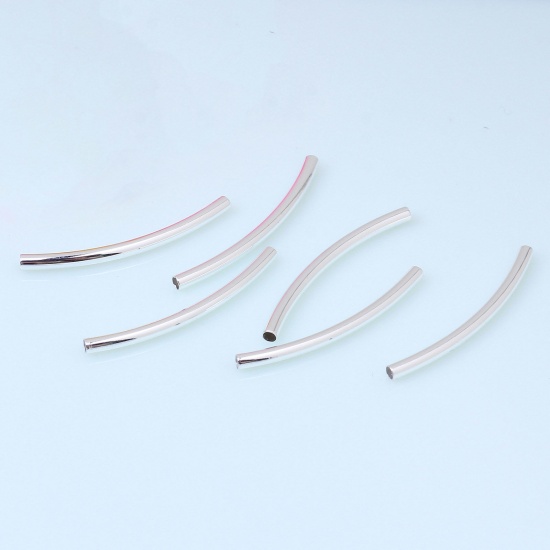 Picture of Brass Spacer Beads For DIY Charm Jewelry Making Silver Plated Curved Tube 30mm x 2mm, 10 PCs                                                                                                                                                                  