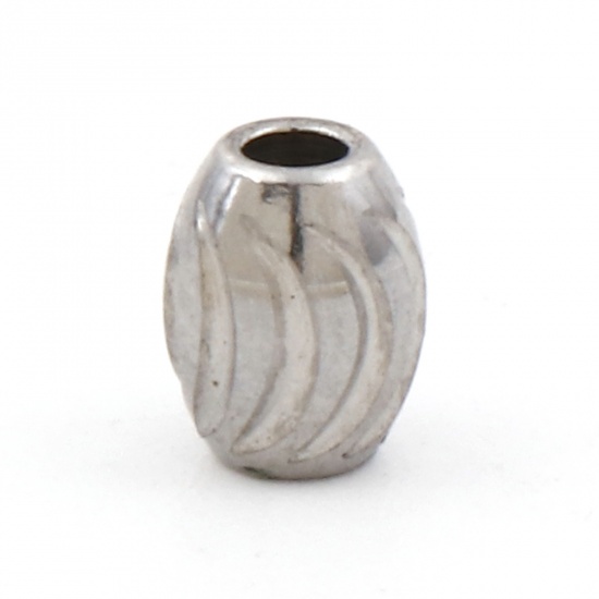Picture of Eco-friendly 304 Stainless Steel Beads For DIY Jewelry Making Barrel Silver Tone Texture 5mm x 4mm, Hole: Approx 1.4mm, 5 PCs