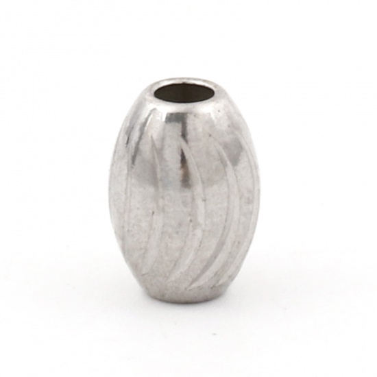 Picture of Eco-friendly 304 Stainless Steel Beads For DIY Jewelry Making Barrel Silver Tone Texture 7mm x 5mm, Hole: Approx 1.8mm, 5 PCs