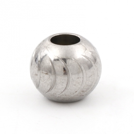 Picture of Eco-friendly 304 Stainless Steel Beads For DIY Jewelry Making Round Silver Tone Texture 10mm, Hole: Approx 3.6mm, 5 PCs