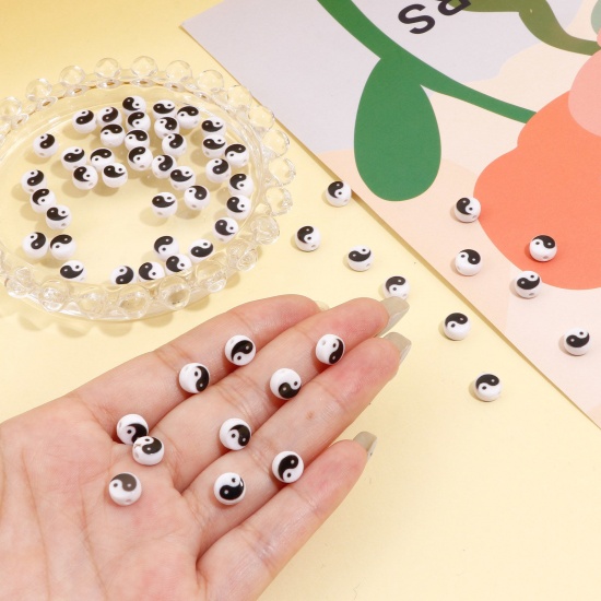 Picture of Acrylic Religious Beads For DIY Charm Jewelry Making Black & White Flat Round Yin Yang Symbol About 7mm Dia., Hole: Approx 1.3mm, 500 PCs