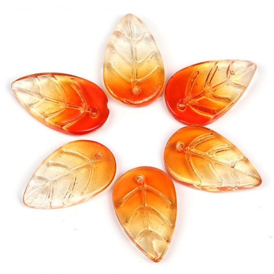 Picture of Lampwork Glass Charms Yellow & Orange Leaf Leaf Gradient Color 18mm x 11mm, 20 PCs