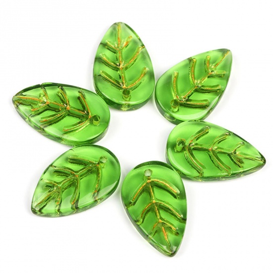 Picture of Lampwork Glass Charms Green Leaf Leaf 18mm x 11mm, 20 PCs