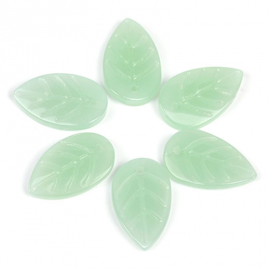 Picture of Lampwork Glass Charms Light Green Leaf Leaf 18mm x 11mm, 20 PCs