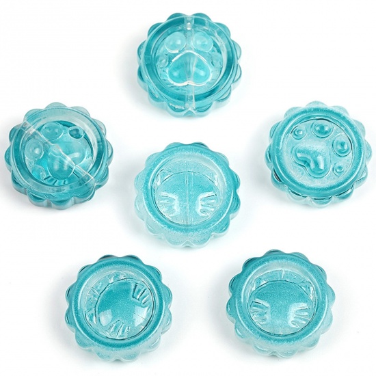 Picture of Lampwork Glass Pet Memorial Beads For DIY Charm Jewelry Making Bottle Cap Green Blue Paw Print Gradient Color About 15mm Dia, Hole: Approx 1mm, 50 PCs