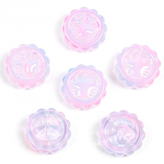 Picture of Lampwork Glass Pet Memorial Beads For DIY Charm Jewelry Making Bottle Cap Light Blue & Light Pink Paw Print Gradient Color About 15mm Dia, Hole: Approx 1mm, 50 PCs