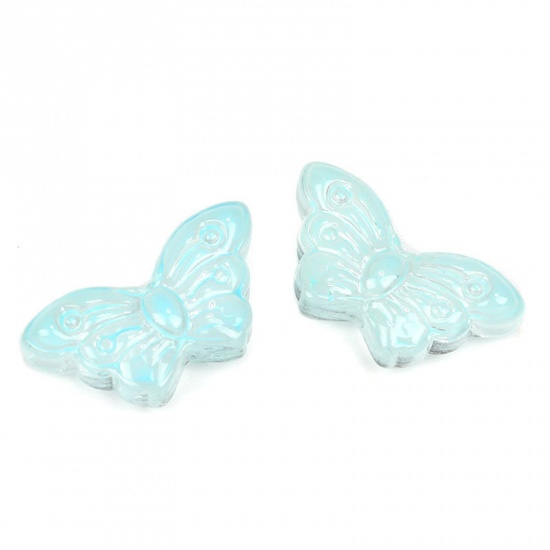 Picture of Lampwork Glass Insect Beads For DIY Charm Jewelry Making Butterfly Animal Lake Blue Gradient Color About 15mm x 8mm, Hole: Approx 1.5mm, 50 PCs