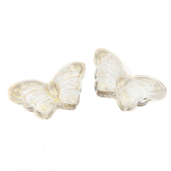 Picture of Lampwork Glass Insect Beads For DIY Charm Jewelry Making Butterfly Animal White & Golden Gradient Color About 15mm x 8mm, Hole: Approx 1.5mm, 50 PCs