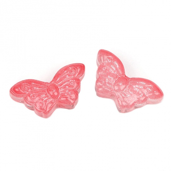 Picture of Lampwork Glass Insect Beads For DIY Charm Jewelry Making Butterfly Animal Hot Pink Gradient Color About 15mm x 8mm, Hole: Approx 1.5mm, 50 PCs