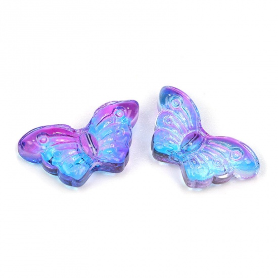 Picture of Lampwork Glass Insect Beads For DIY Charm Jewelry Making Butterfly Animal Dark Blue & Purple Gradient Color About 15mm x 8mm, Hole: Approx 1.5mm, 50 PCs