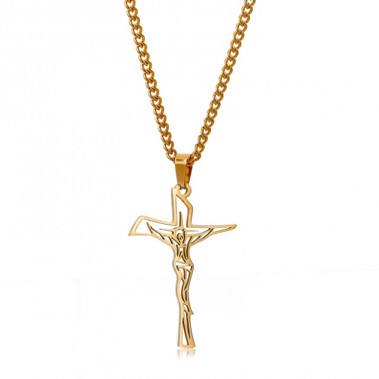 Picture of Eco-friendly 304 Stainless Steel Religious Curb Link Chain Necklace 18K Gold Color Cross Jesus Hollow 60cm(23 5/8") long, 1 Piece