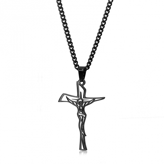Picture of Eco-friendly 304 Stainless Steel Religious Curb Link Chain Necklace Black Cross Jesus Hollow 60cm(23 5/8") long, 1 Piece