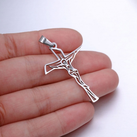 Picture of Eco-friendly 304 Stainless Steel Religious Pendants Silver Tone Cross Jesus Hollow 26x46mm, 1 Piece