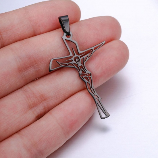 Picture of Eco-friendly 304 Stainless Steel Religious Pendants Black Cross Jesus Hollow 26x46mm, 1 Piece