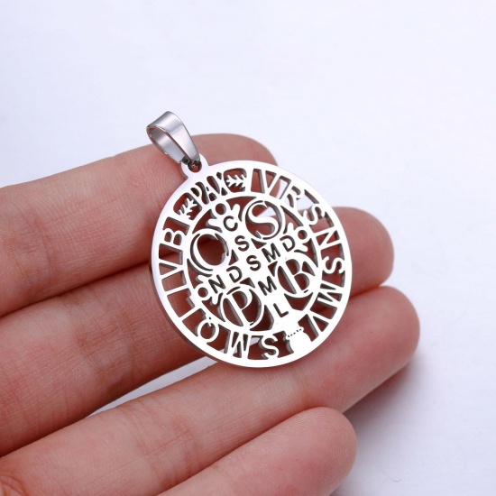 Picture of Eco-friendly 304 Stainless Steel Religious Pendants Silver Tone Round Cross Hollow 30x40mm, 1 Piece