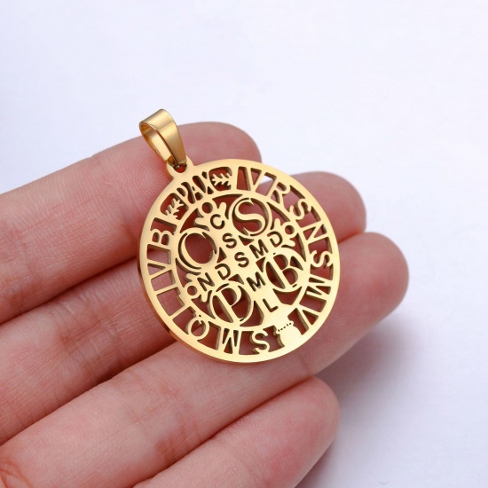 Picture of Eco-friendly 304 Stainless Steel Religious Pendants 18K Gold Color Round Cross Hollow 1 Piece