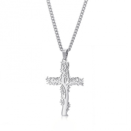 Bild von Umweltfreundlich 304 Edelstahl Religiös Panzerkette Kette Halskette Silberfarbe Kreuz Lebensbaum Hohl 60cm lang, 1 Strang