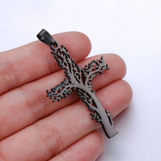 Bild von Umweltfreundliche religiöse Anhänger aus Edelstahl 304, schwarzes Kreuz, Baum des Lebens, hohl, 32 x 54 mm, 1 Stück
