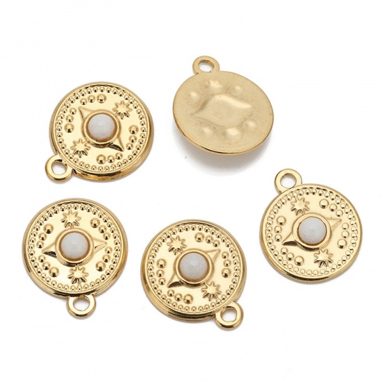 Picture of Eco-friendly Vacuum Plating 304 Stainless Steel & Gemstone Boho Chic Bohemia Charms 18K Gold Color White Round Compass 18mm Dia., 1 Piece