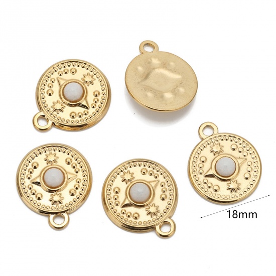 Picture of Eco-friendly Vacuum Plating 304 Stainless Steel & Gemstone Boho Chic Bohemia Charms 18K Gold Color White Round Compass 18mm Dia., 1 Piece