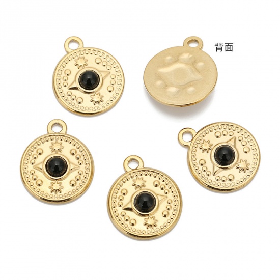 Picture of Eco-friendly Vacuum Plating 304 Stainless Steel & Gemstone Boho Chic Bohemia Charms 18K Gold Color Black Round Compass 18mm Dia., 1 Piece