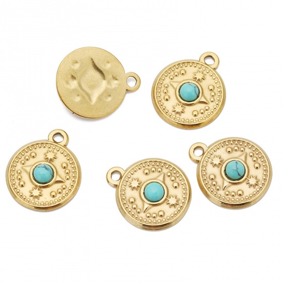 Picture of Eco-friendly Vacuum Plating 304 Stainless Steel & Gemstone Boho Chic Bohemia Charms 18K Gold Color Green Blue Round Compass 18mm Dia., 1 Piece