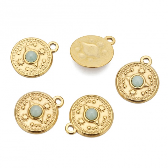 Picture of Eco-friendly Vacuum Plating 304 Stainless Steel & Gemstone Boho Chic Bohemia Charms 18K Gold Color Light Green Round Compass 18mm Dia., 1 Piece