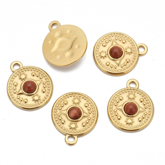 Picture of Eco-friendly Vacuum Plating 304 Stainless Steel & Gemstone Boho Chic Bohemia Charms 18K Gold Color Red Round Compass 18mm Dia., 1 Piece