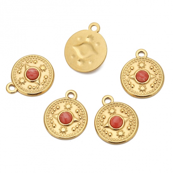 Picture of Eco-friendly Vacuum Plating 304 Stainless Steel & Gemstone Boho Chic Bohemia Charms 18K Gold Color Orange Pink Round Compass 18mm Dia., 1 Piece