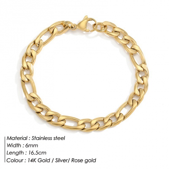 Picture of Eco-friendly Vacuum Plating 304 Stainless Steel Simple Figaro Chain Bracelets 14K Real Gold Plated 16.5cm(6 4/8") long, 6mm, 1 Piece