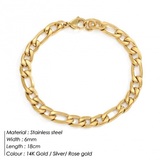 Picture of Eco-friendly Vacuum Plating 304 Stainless Steel Simple Figaro Chain Bracelets 14K Real Gold Plated 18cm(7 1/8") long, 6mm, 1 Piece