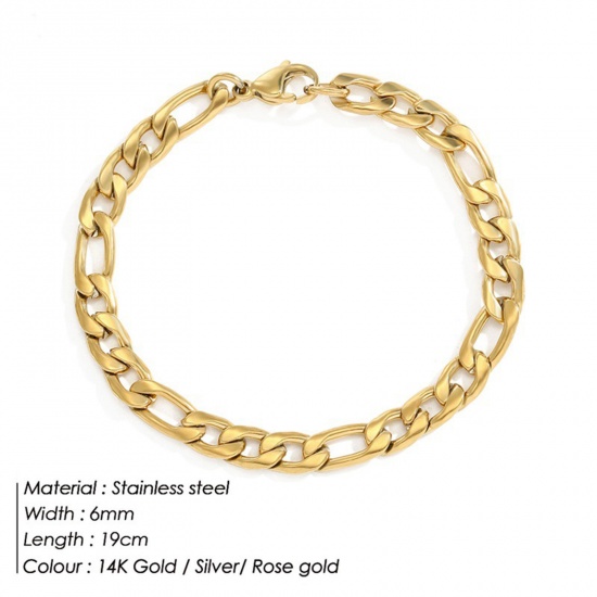 Picture of Eco-friendly Vacuum Plating 304 Stainless Steel Simple Figaro Chain Bracelets 14K Real Gold Plated 19cm(7 4/8") long, 6mm, 1 Piece