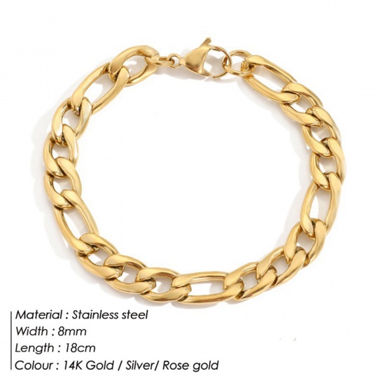 Picture of Eco-friendly Vacuum Plating 304 Stainless Steel Simple Figaro Chain Bracelets 14K Real Gold Plated 18cm(7 1/8") long, 8mm, 1 Piece