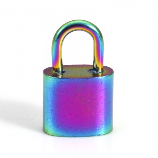 Picture of Eco-friendly Vacuum Plating 304 Stainless Steel Charms Rainbow Color Plated Lock 13mm x 8mm, 2 PCs
