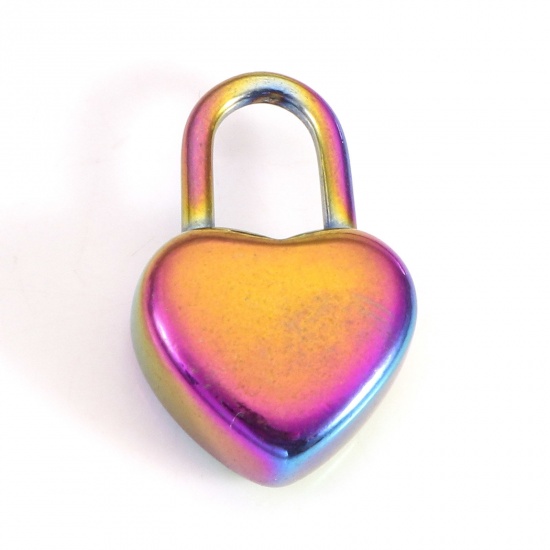 Picture of Eco-friendly Vacuum Plating 304 Stainless Steel Valentine's Day Charms Rainbow Color Plated Lock Heart 18.5mm x 11.5mm, 2 PCs