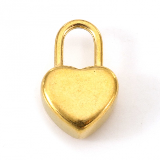 Picture of Eco-friendly Vacuum Plating 304 Stainless Steel Valentine's Day Charms 18K Gold Color Lock Heart 18.5mm x 11.5mm, 2 PCs