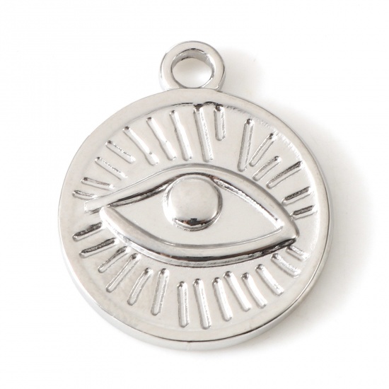 Imagen de Respetuoso del Medio Ambiente 304 Acero Inoxidable Religión Colgantes Charms Ronda Tono de Plata ss0 Pointed Back Rhinestone) Ojo de la Providencia/Ojo que Todo lo Ve 20mm x 16.5mm, 2 Unidades