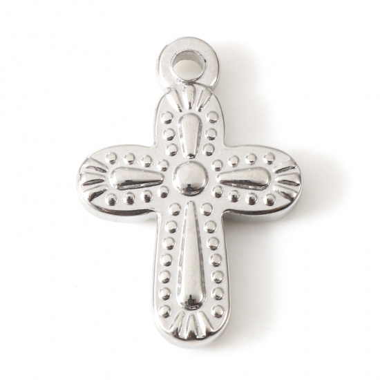 Bild von Umweltfreundlich 304 Edelstahl Religiös Charms Kreuz Silberfarbe 19mm x 13mm, 2 Stück